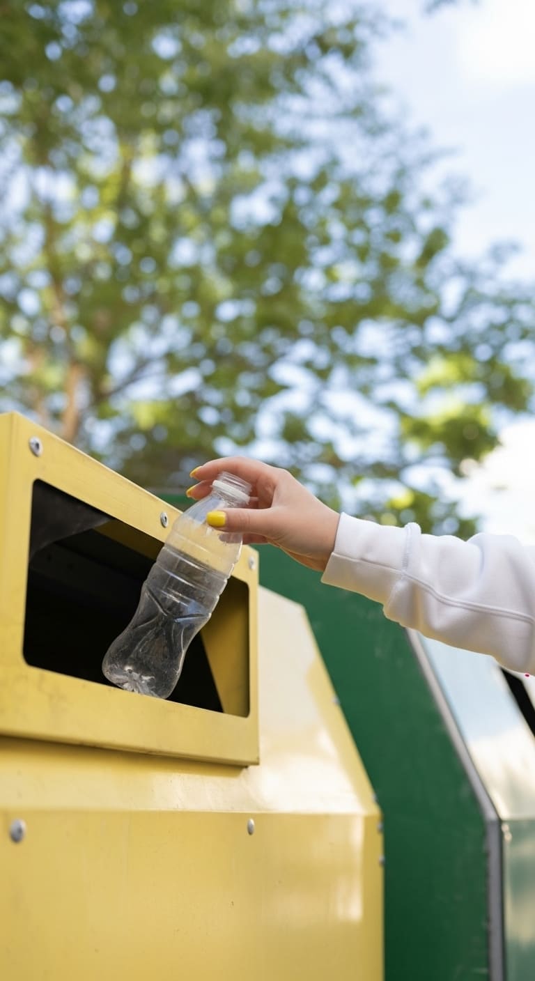 Person dropping a plastic bottle into a recycling bin